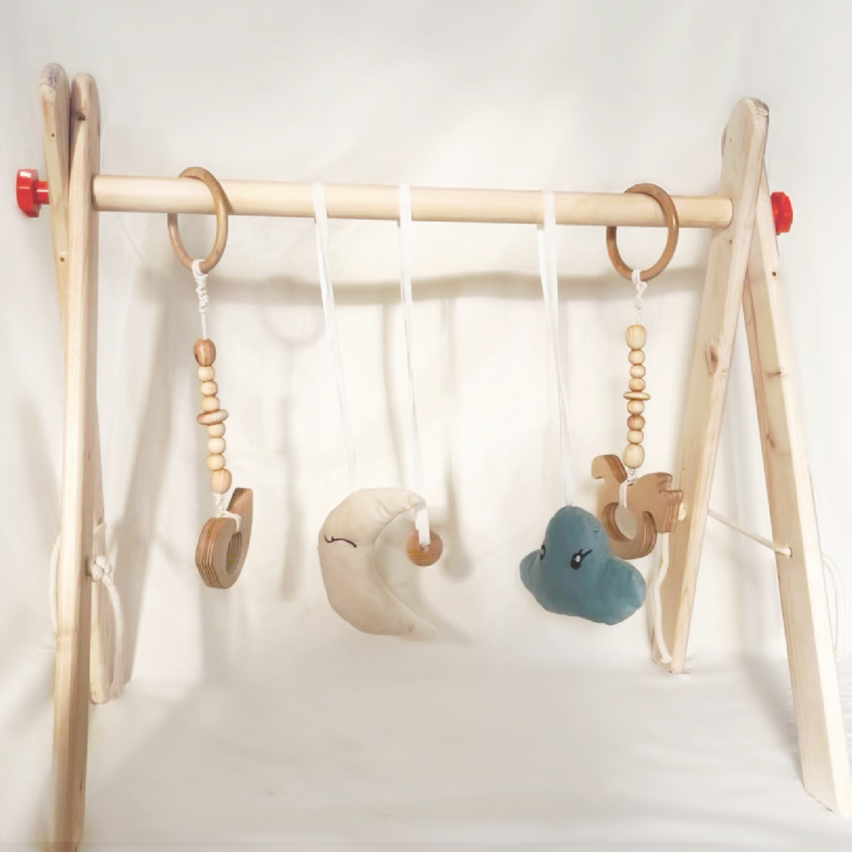 Wooden Baby Play Gym,Foldable Baby Gym with 5 Hanging Sensory Toys - Image 1